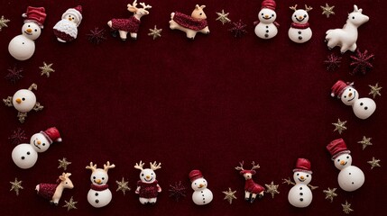 Fototapeta premium Classic Christmas toys like tiny reindeer and snowmen, arranged as a frame on a dark red velvet background with small stars