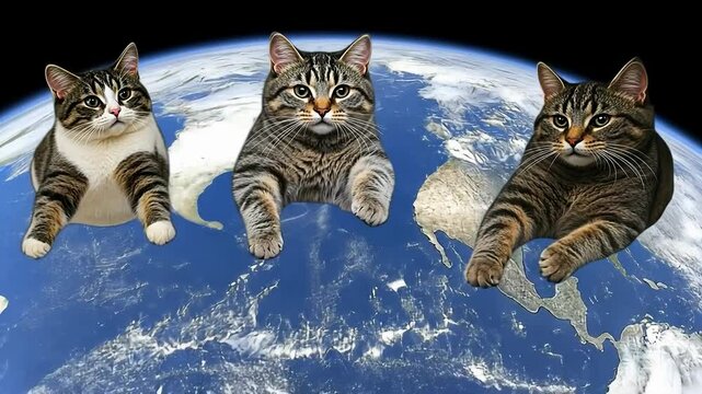 Playful cats lounging digital globe backdrop