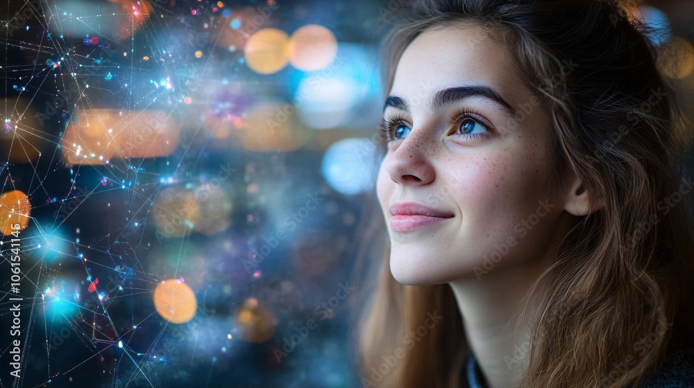 Poster Virtual influencer interaction with a chatbot, displaying real-time responses to potential customer inquiries in a vibrant digital environment with empty space for text