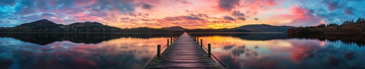 Fototapeta premium Colorful sunset over tranquil lake with wooden pier at dawn