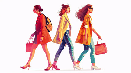 Naklejka premium Three cheerful women walking together, isolated on a white background.