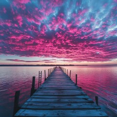 Colorful sunset over a serene lake with a wooden pier at twilight