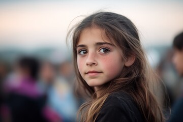 Obraz premium A thoughtful girl with long hair gazes into the distance during a community gathering at sunset in an outdoor setting