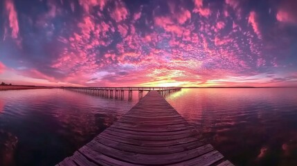 Vibrant sunset over tranquil water with wooden pier in the foreground