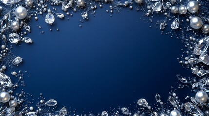 Fototapeta premium Elegant frame of crystal and pearl-like Christmas ornaments, isolated on a dark navy background with silver sparkle accents