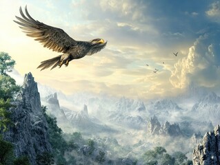 A majestic eagle soars over a misty mountain landscape, embodying freedom and nature's beauty.