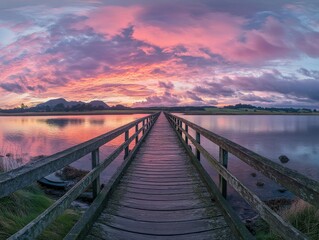 Fototapeta premium Stunning sunset colors reflecting on water at a serene wooden pier