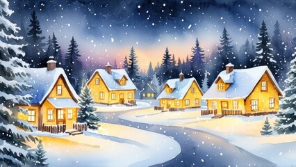 Fototapeta premium Christmas background with a snowy village scene, cozy wooden houses glowing with warm lights, snow-covered rooftops, pine trees, and softly falling snow under a dark winter sky