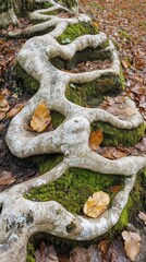 A twisted tree root covered in moss and autumn leaves on a forest floor.