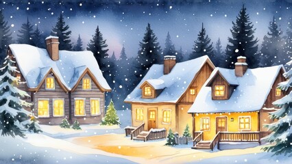 Fototapeta premium Christmas background with a snowy village scene, cozy wooden houses glowing with warm lights, snow-covered rooftops, pine trees, and softly falling snow under a dark winter sky