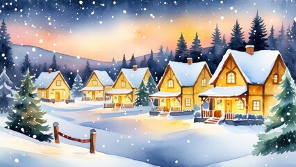 Fototapeta premium Christmas background with a snowy village scene, cozy wooden houses glowing with warm lights, snow-covered rooftops, pine trees, and softly falling snow under a dark winter sky
