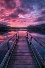 Fototapeta premium Colorful sunset over a serene lake with a wooden bridge at dusk