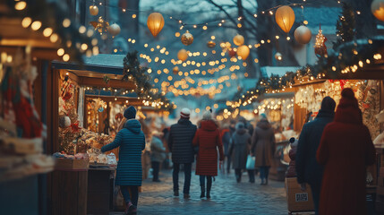 A community holiday market at dusk, with local vendors selling handmade gifts