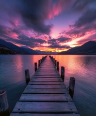 Fototapeta premium Majestic sunset over a tranquil lake from a wooden pier at dusk