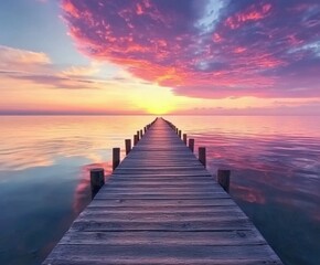 Obraz premium Sunset over calm waters from a wooden pier in tranquil surroundings