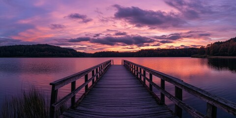 Peaceful sunset over a serene lake with a wooden dock at twilight