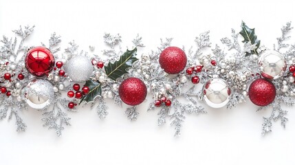 Glittery snowflake ornaments and holly frame, isolated on a crisp white background with silver holiday accents