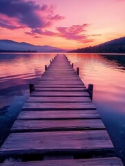 Fototapeta premium Sunset over tranquil lake with wooden pier stretching into the water