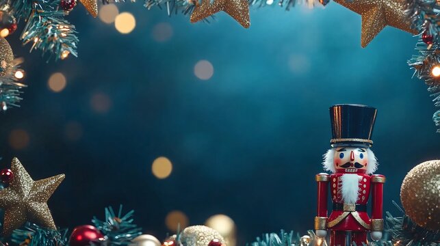Nutcracker toys and mini gold stars frame, isolated on a midnight blue background with soft golden glow