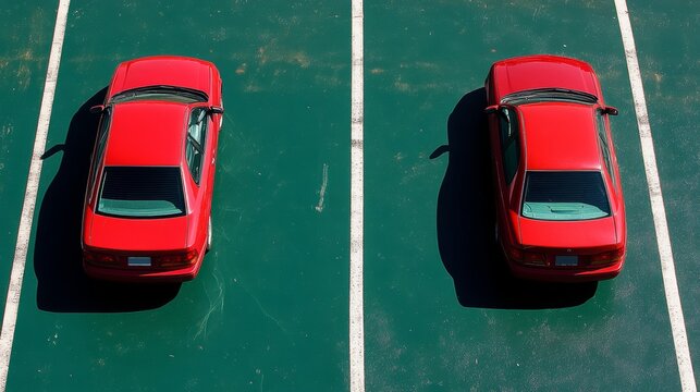 Two Red Cars Parked in Parallel Parking Spots