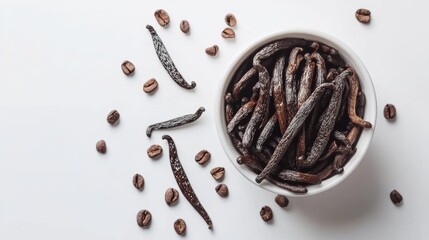 Vanilla Beans and Coffee Beans on White Background