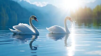 Obraz premium Two Swans Swimming in a Lake at Sunset with Mountains in the Background