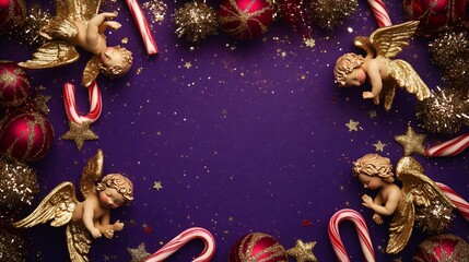 Tiny angels and candy canes as a festive frame, isolated on a rich purple background with shimmering stars