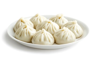 Eight steamed xiaolongbao, also known as soup dumplings, served on a white plate against a white backdrop