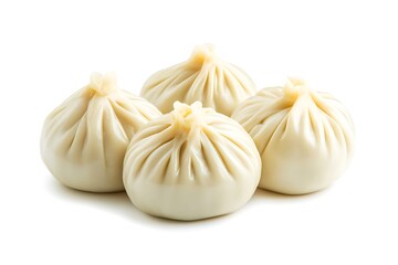 Four delicious xiaolongbao dumplings, pleated and ready to be enjoyed, are presented on a clean white background