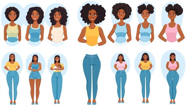 Diverse Women Body Types Illustration Set   Cartoon Characters  Female Figures  Poses  Hai