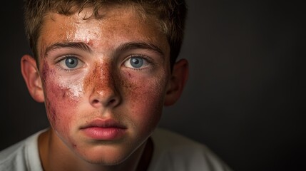Fototapeta premium Portrait of a Young Boy with Scars and Bruises on His Face