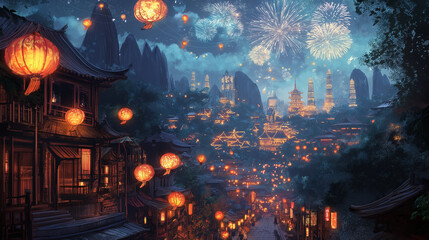 Obraz premium Showcase a spectacular fireworks display lighting up the night sky during Lunar New Year