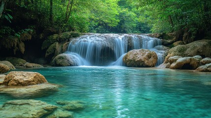Naklejka premium A tranquil scene of Kuang Si Waterfall, with crystal-clear turquoise water cascading over limestone rocks in the jungle.