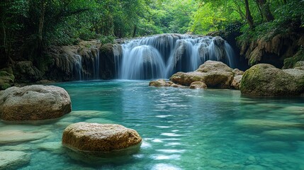 Naklejka premium A tranquil scene of Kuang Si Waterfall, with crystal-clear turquoise water cascading over limestone rocks in the jungle.