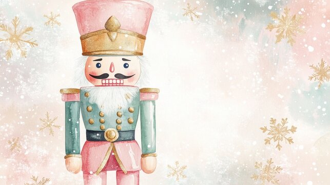 Charming Watercolor Nutcracker on a Snowy Background