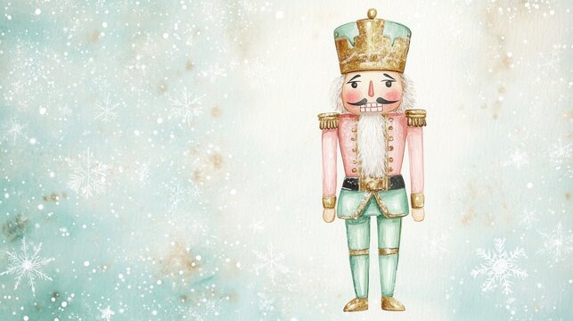 Whimsical Watercolor Nutcracker on Snowy Background