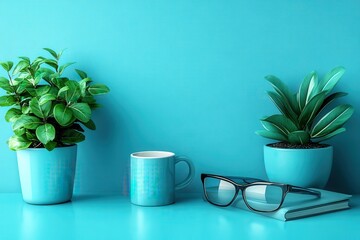 This vibrant, clean background features plants, a cup, and glasses, perfect for online meetings or virtual communication, enhancing workspace aesthetics.