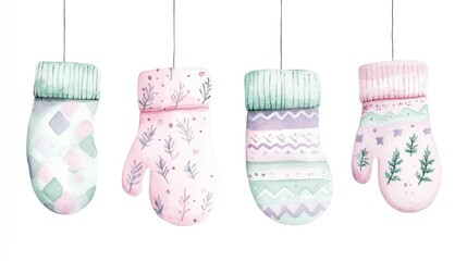 Four hanging watercolor mittens in pastel colors with winter patterns.