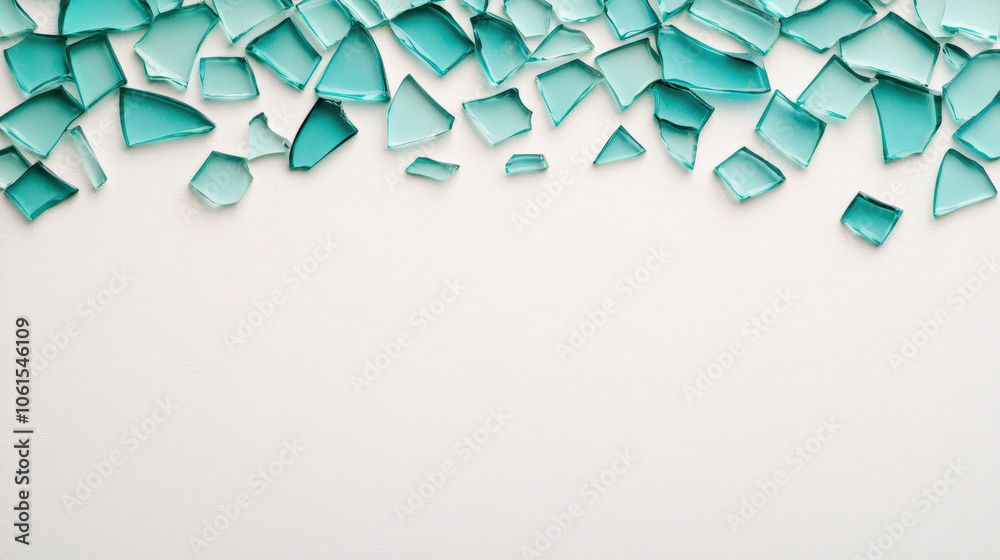 Leinwandbilder a collection of irregular turquoise glass shards scattered across a light surface, creating an intri