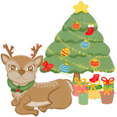 Fototapeta premium Cute cartoon reindeer resting under a decorated Christmas tree.