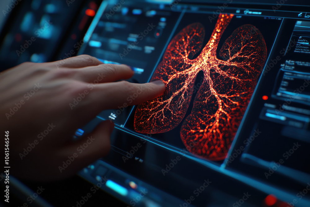 Aufkleber a hand points at a digital representation of lungs, showcasing intricate details and vibrant colors 