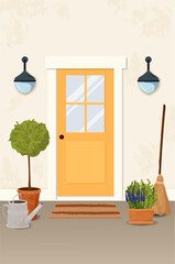 greeting card with front yellow door to house, summer, gardening, decorated with flowers, and plants for invitation, card, banner