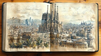 An open sketchbook with a pencil drawing of the Barcelona skyline, focusing on the Sagrada Familia.