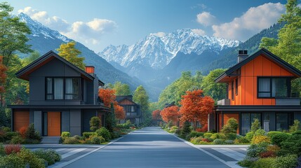 Detailed luxury villas in a suburban housing community, isolated against a clean background.