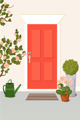 entrance doors are red, with flower decoration, for postcards, posters, invitations, flat style