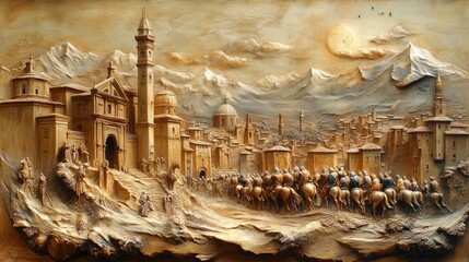 Detailed outline of the Florence Cavalcade of Magi, with knights and royalty creating peaks of history in textured valleys of tradition.