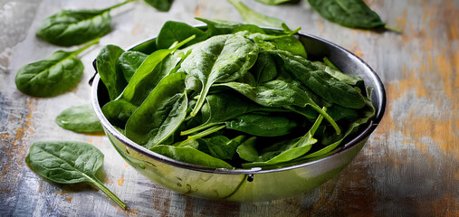 Spinach leaves in a bowl on a wooden table
