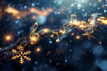 Dark blue background with shiny golden music notes and snowflakes