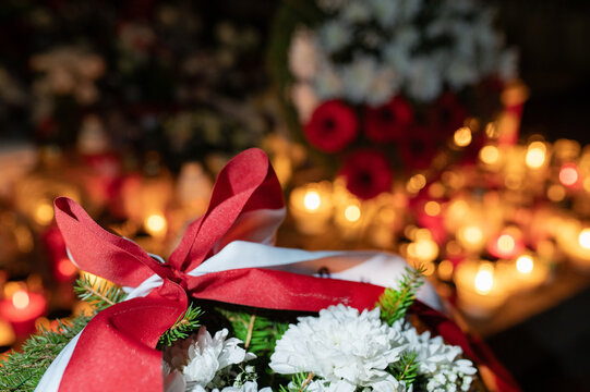 White and Red Ribbon Candles Background. November 11. World War I Ends, Poland Independence Day, 1918 Remembrance Day. Freedom, Victory, Polish, Narodowe Swieto Niepodleglosci 20