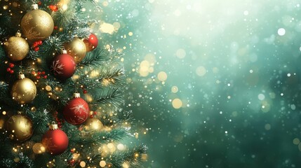Christmas Tree with Red and Gold Ornaments on Green Blurred  Background